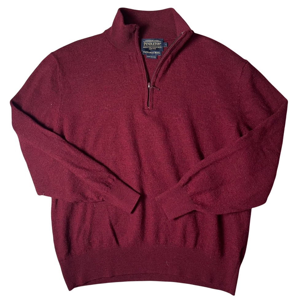 Pendleton Quarter-Zip Sweater Mens L (fits small) Burgundy Merino Wool Mock Neck